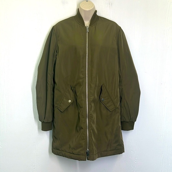 H&M - Army Green Shiny Zip Up Long Sleeve With Pockets Long Bomber Jacket SZ XS - Picture 1 of 8